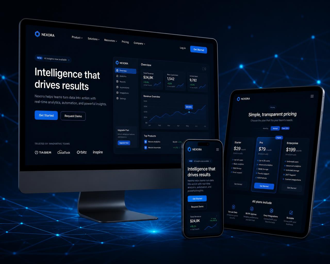 Desktop, tablet, and mobile mockups of a modern Evirtualtech website design